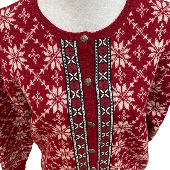 Talbots 100% wool Nordic fair isle cardigan sweater red snowflakes design size 8 - Picture 5 of 11
